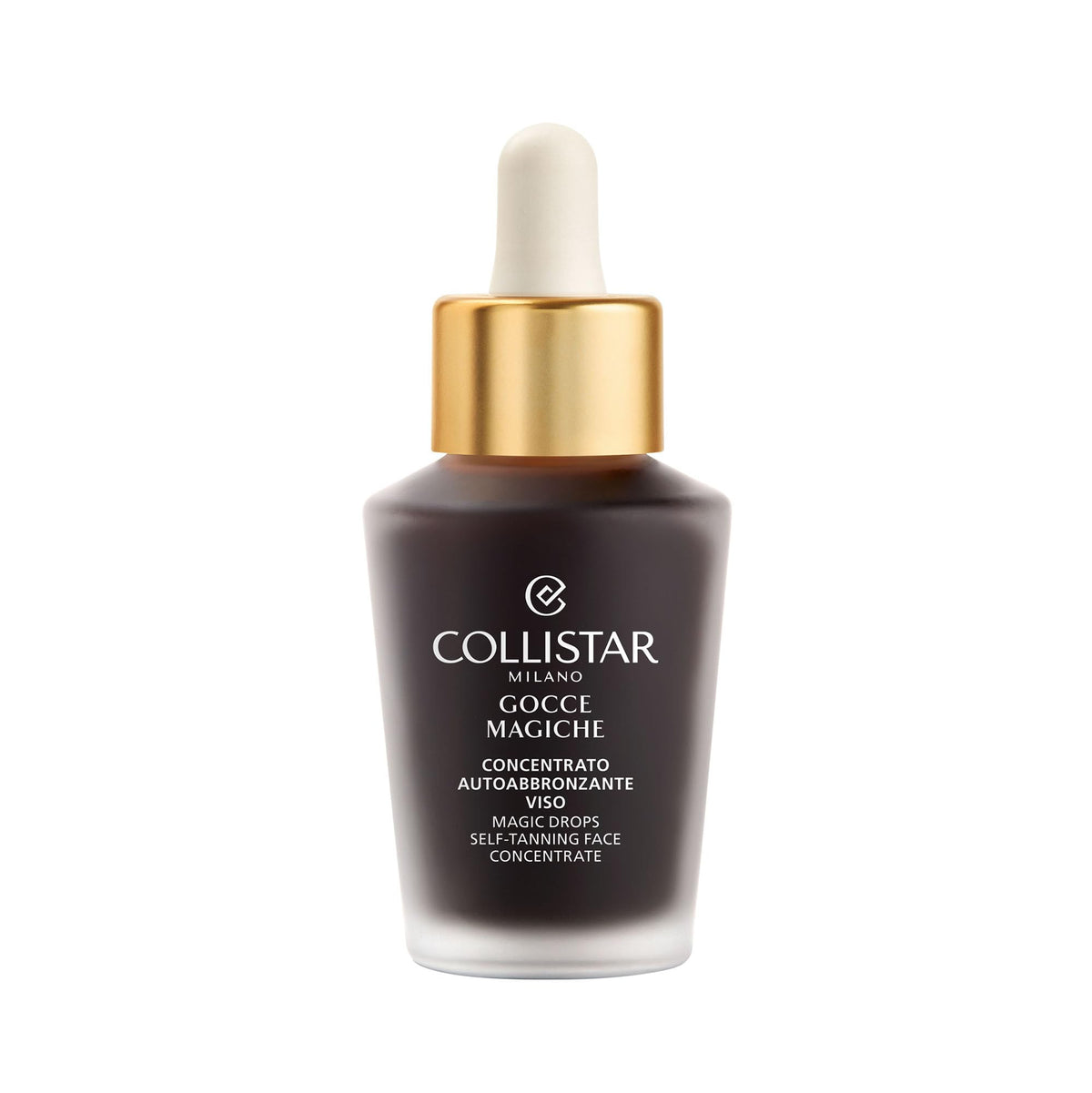 Collistar Magic Drops bottle front showing quick self-tanning glow for all skin types.
