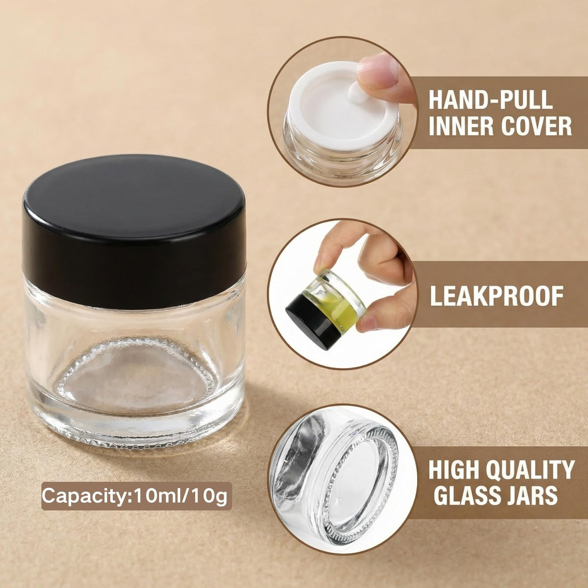Closeup of Coloch clear mini glass jar with airtight lid