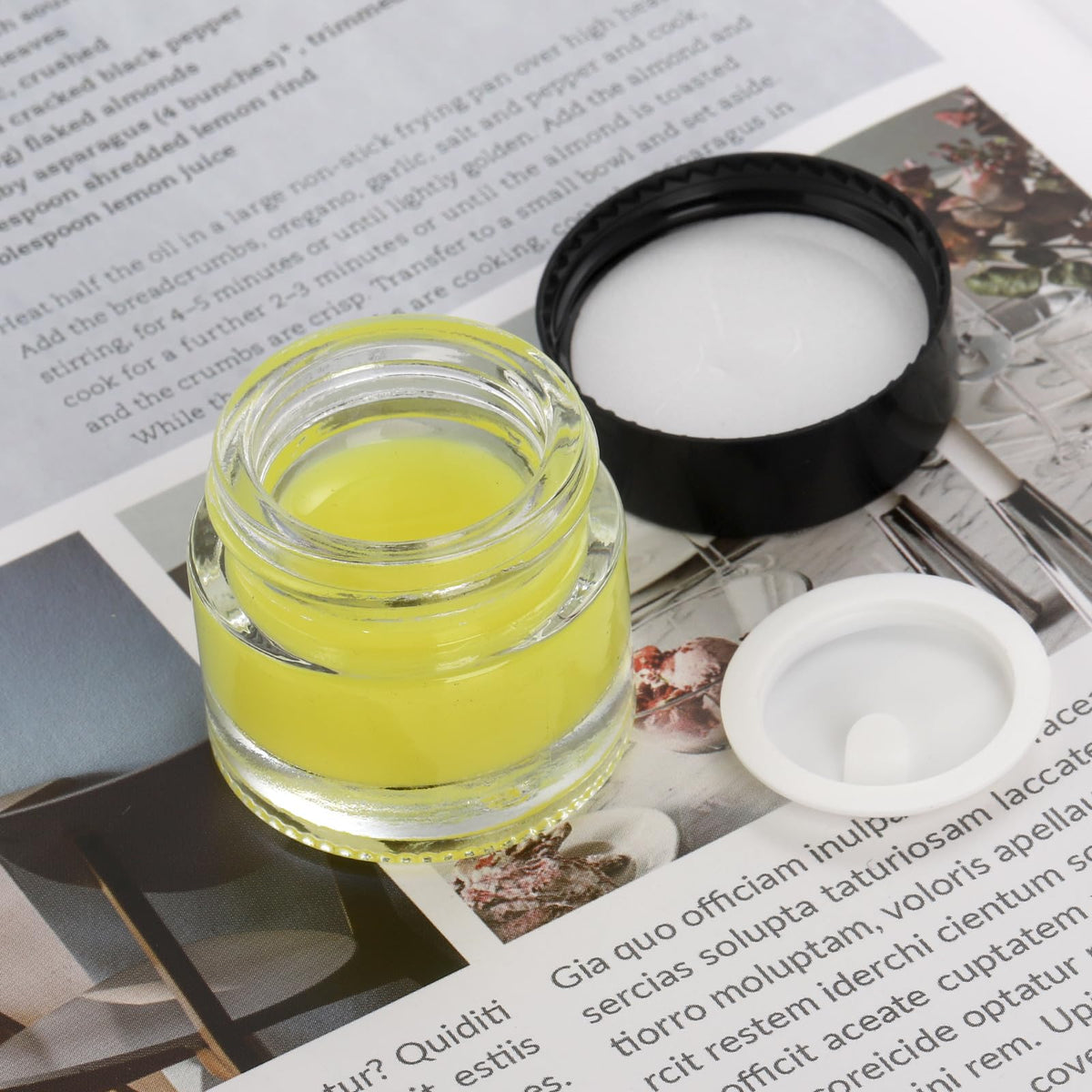 Coloch transparent contents visible in a mini jar