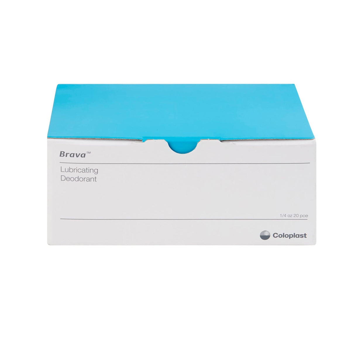 Coloplast Brava lubricating deodorant sachet box display showing bulk packaging