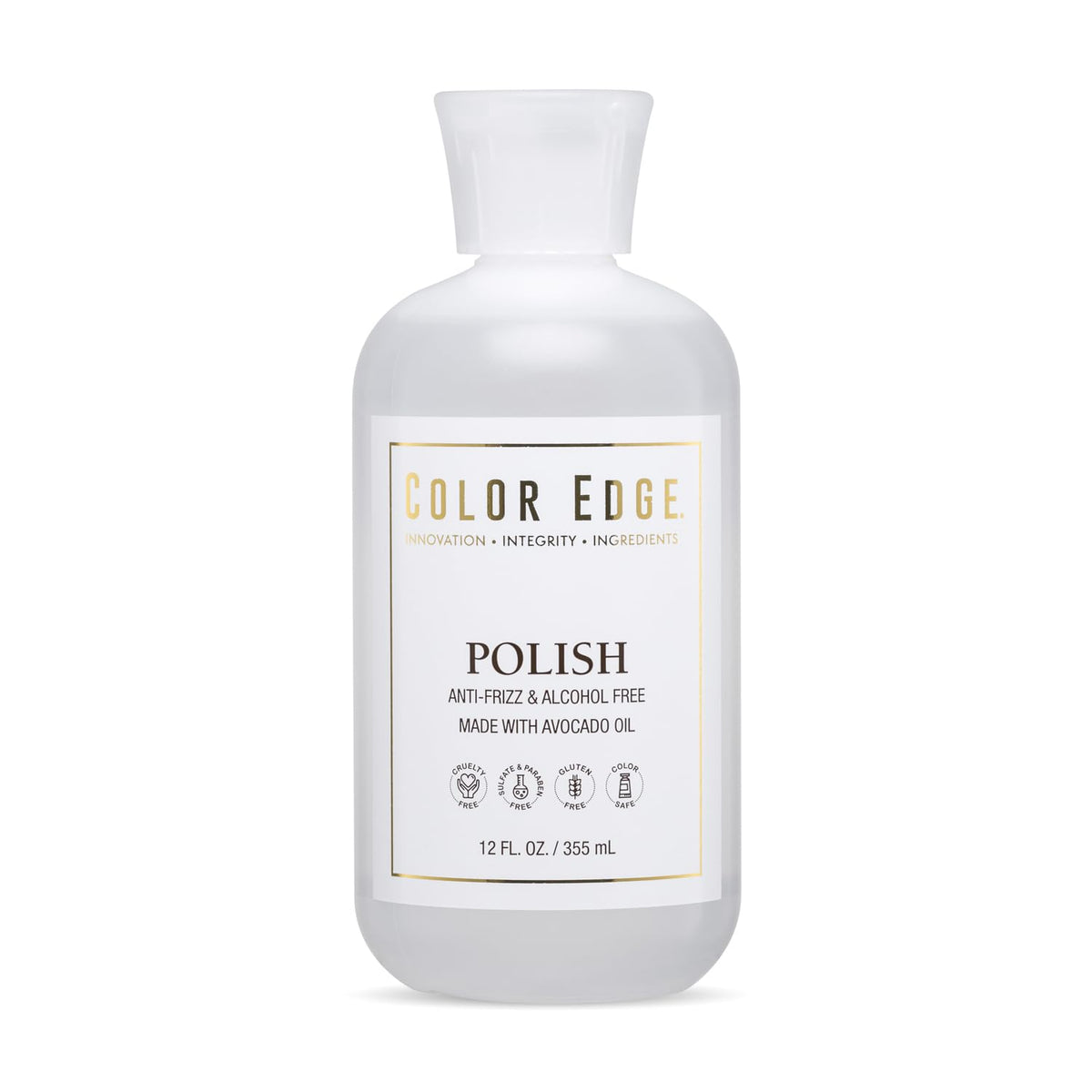 Color Edge Polish 12oz bottle on a clean surface, delivering lasting softness and shine.