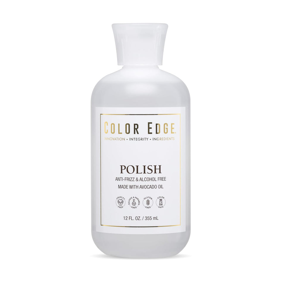 Color Edge Polish 12oz bottle on a clean surface, delivering lasting softness and shine.