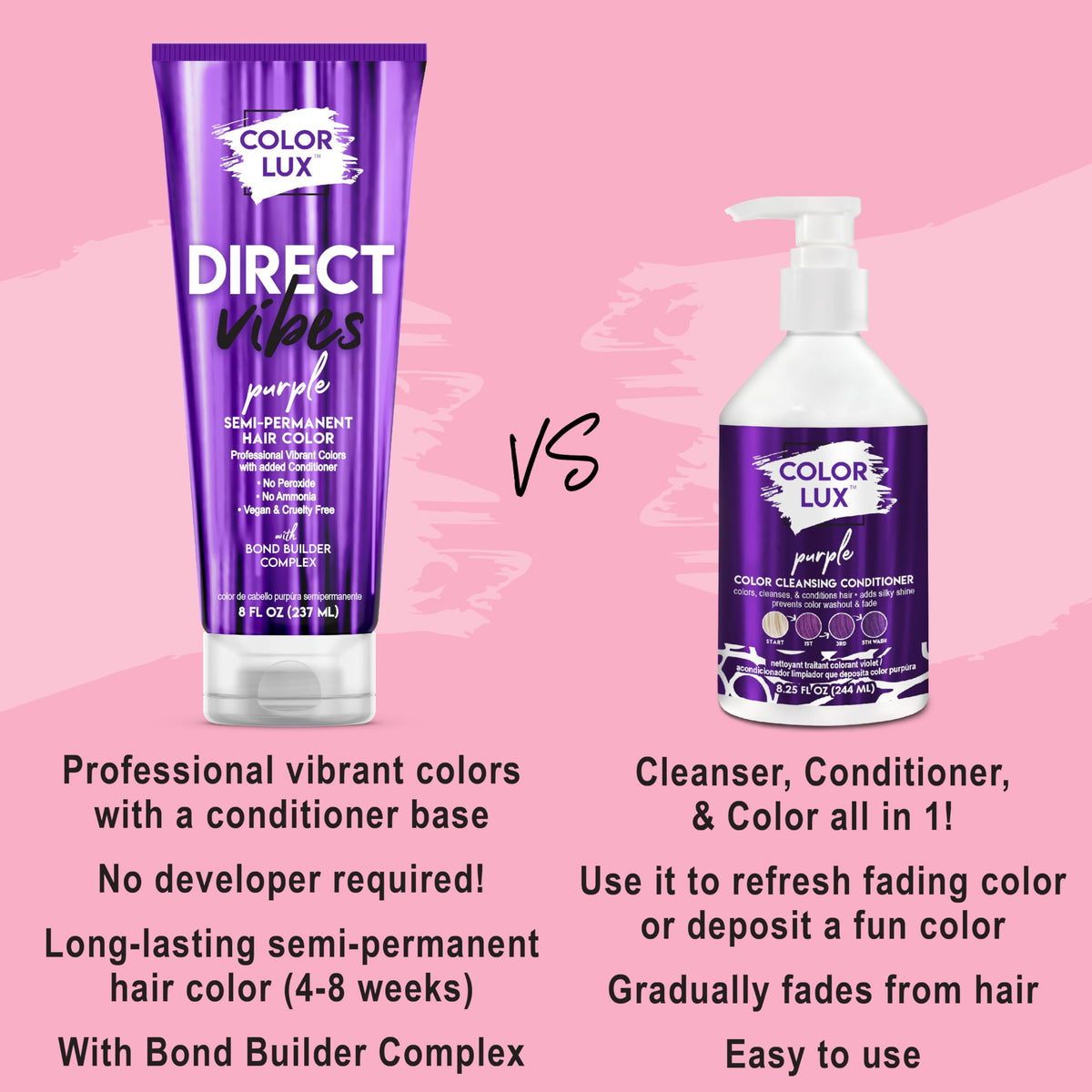Color Lux Direct Vibes Purple before after shot demonstrates color impact.