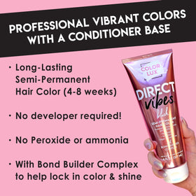 Color Lux Direct Vibes Purple label closeup highlights vegan, ammonia-free formula.