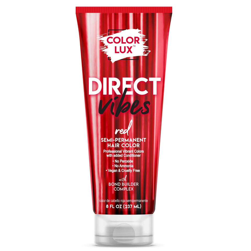 Color Lux Direct Vibes Red bottle highlights vibrant pigment for bold color.