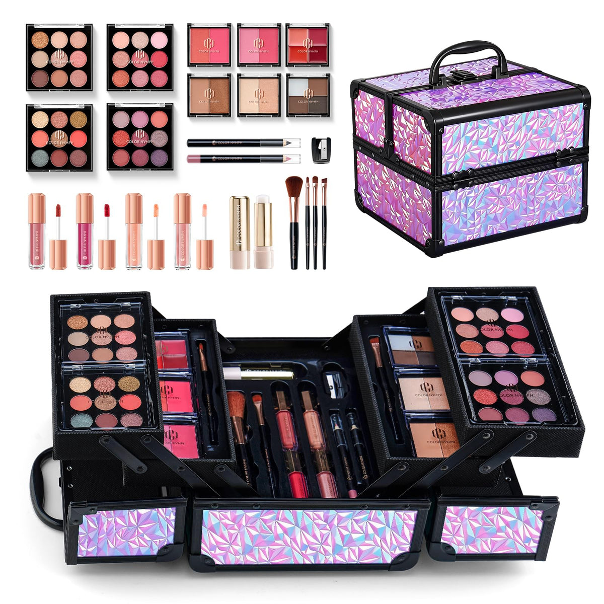 Color Nymph All In One Makeup Kit in the train case, ideal for organized travel and everyday routines.