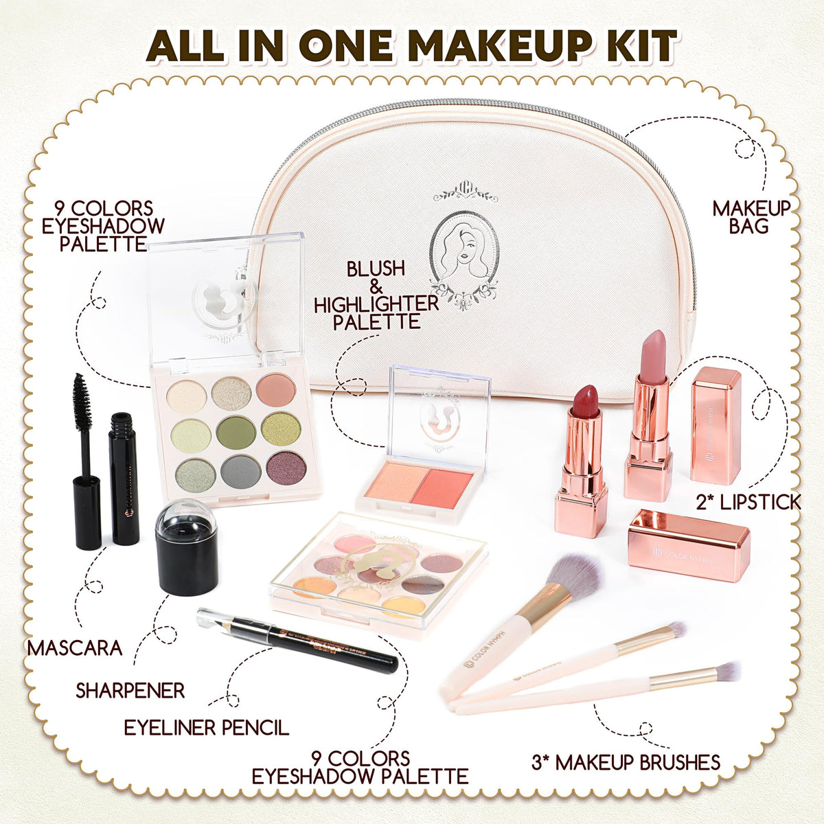 Color Nymph eyeshadow palette 2x9 colors displays rich pigments and blendable textures for day or night looks.