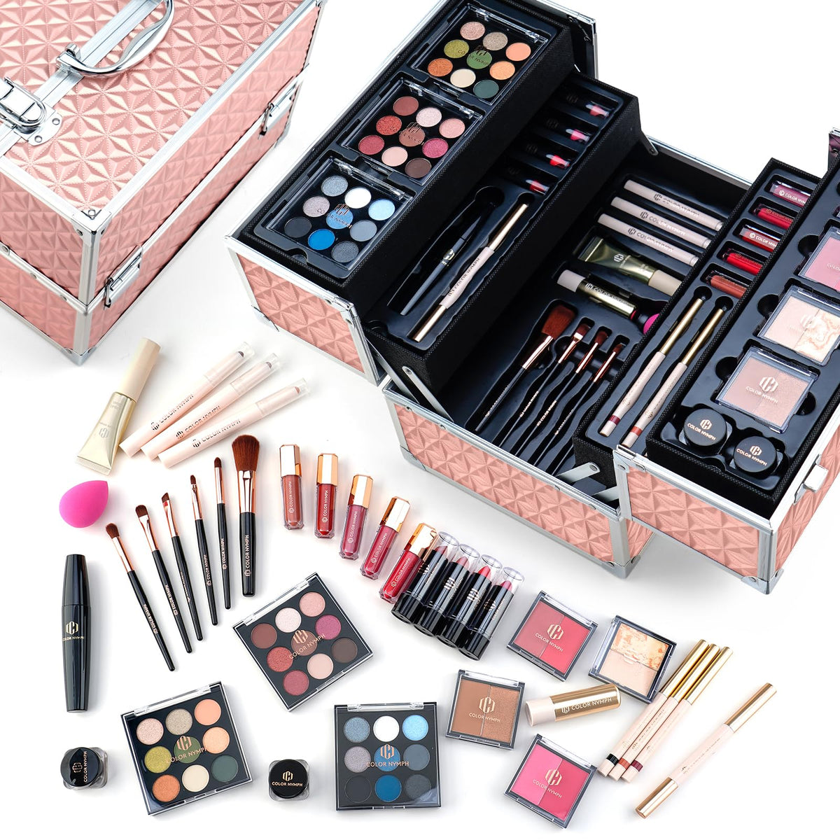 Color Nymph professional makeup set in pink train case for on-the-go styling.