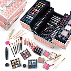 Color Nymph professional makeup set in pink train case for on-the-go styling.