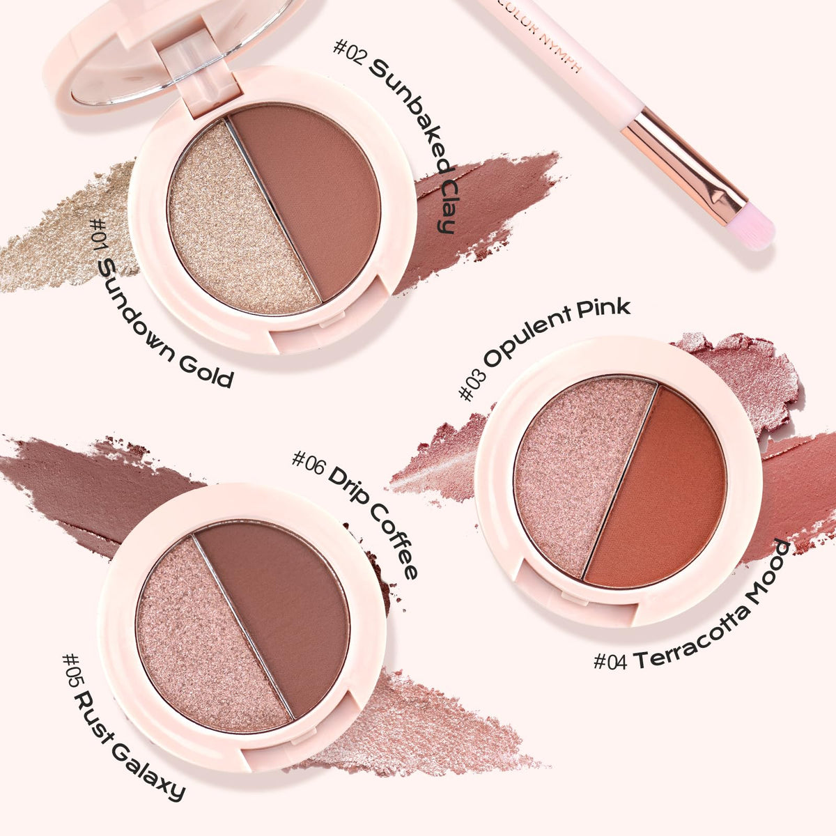 Color Nymph stacked palette open, six shades ready for day to night looks.