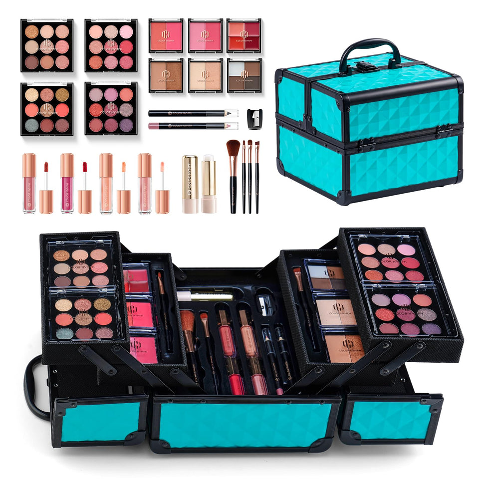 Color Nymph train-case closed front view for organized travel makeup