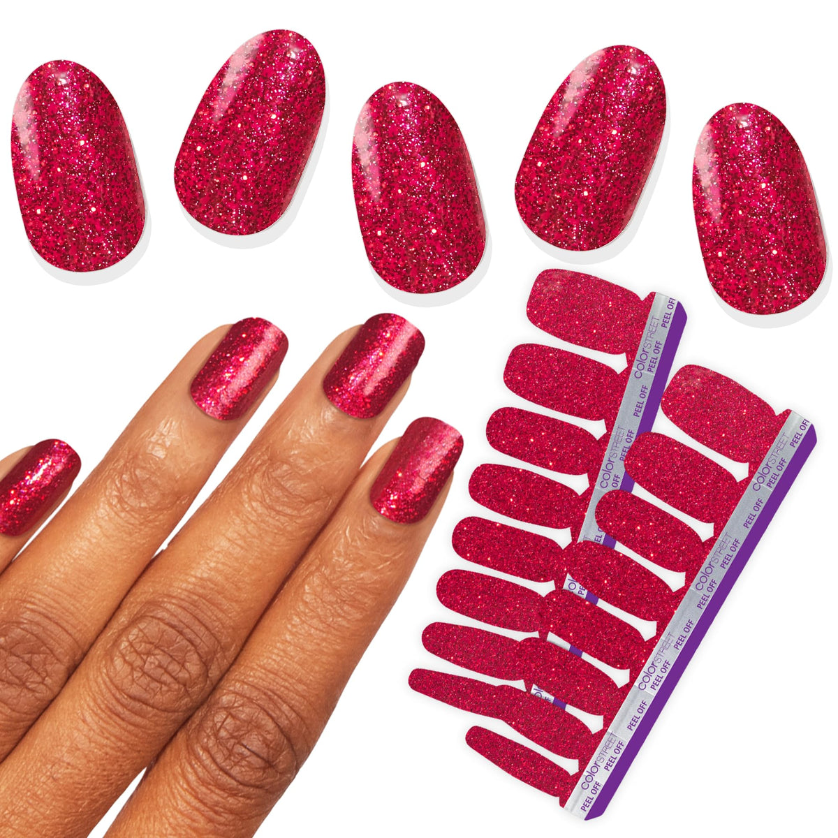 Color Street Cherry on Top nail strips with glitter finish for a bold manicure in minutes.