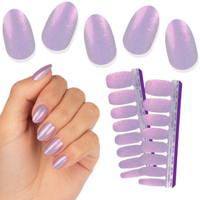 Color Street Forbidden Orchid strip close-up shows bold shimmer manicure with long-lasting wear