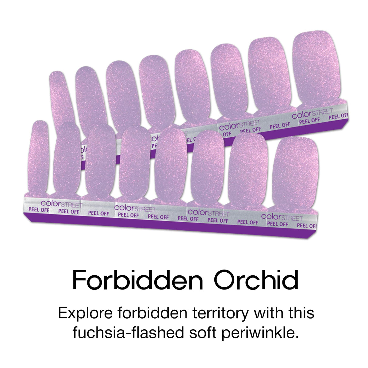 Color Street Forbidden Orchid strip in natural light highlights sparkle and elegant vibe