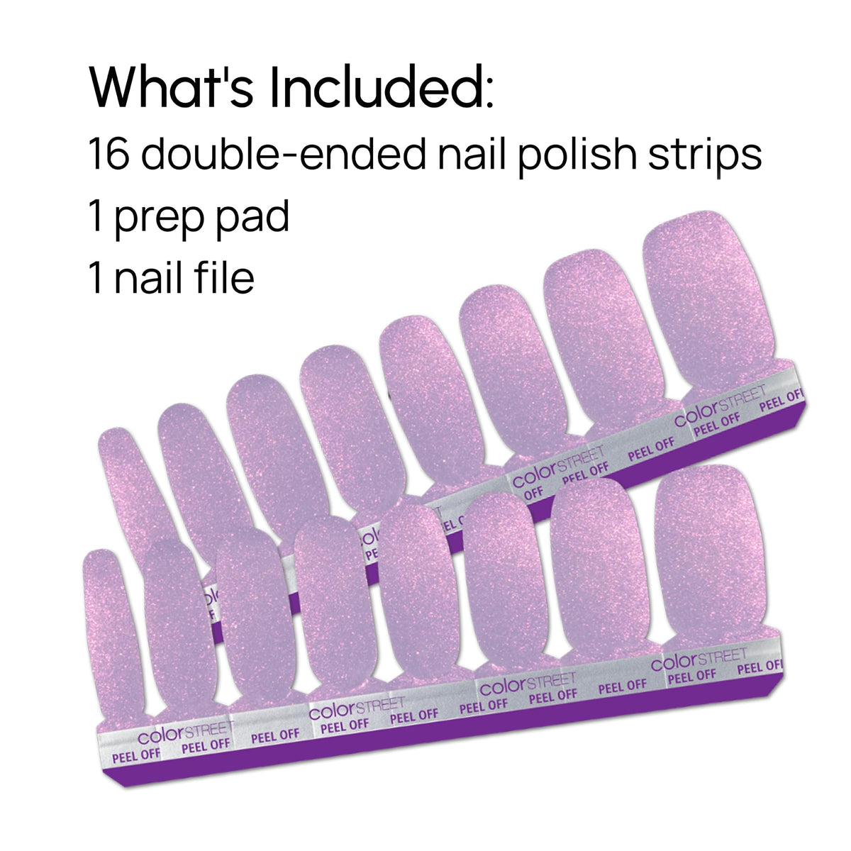 Color Street Forbidden Orchid strip on sample nails shows bold fuchsia-flash with soft periwinkle tint