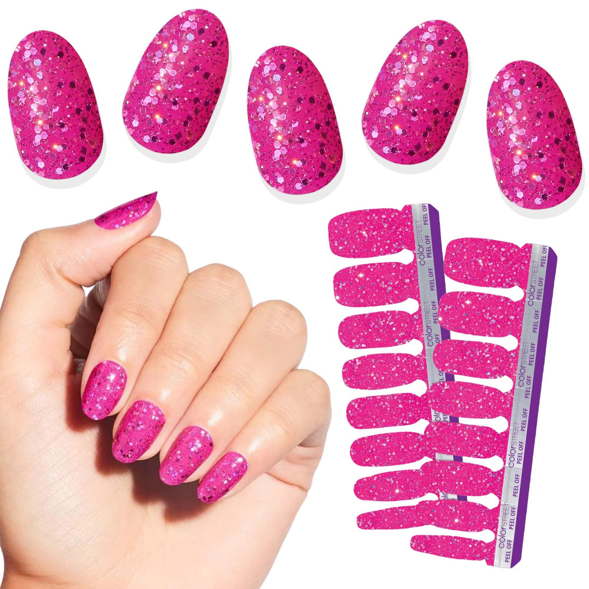 Color Street Hibiscus Heat strips on nails with magenta sparkle for a bold, salon-like finish