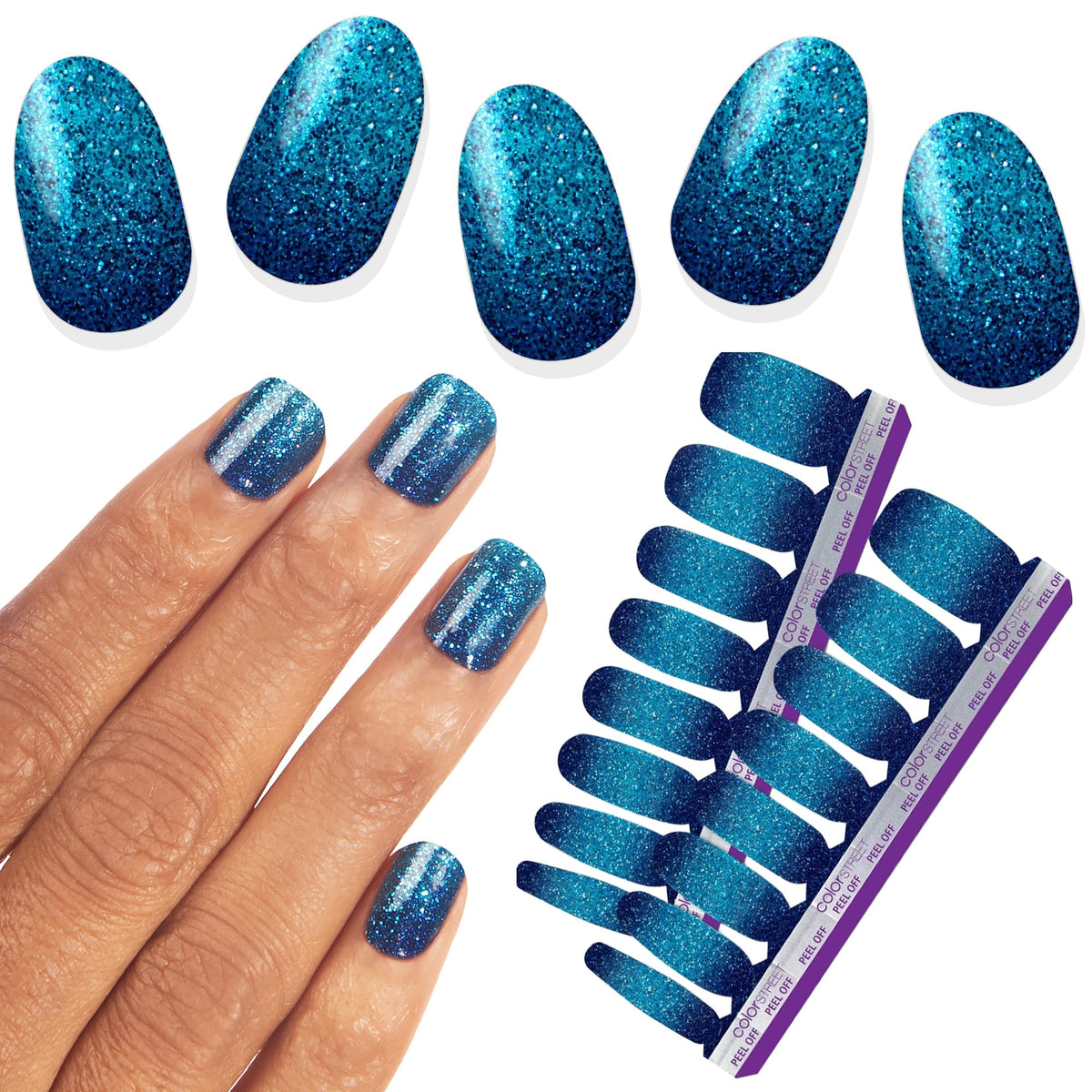 Color Street High Tide navy to cobalt ombre with glitter for a bold salon-style look at home.