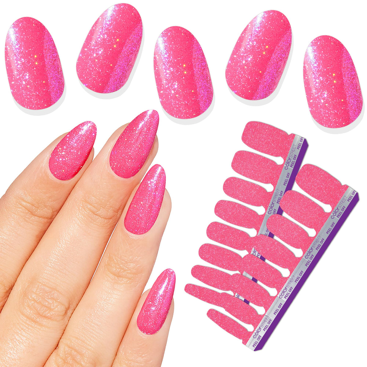 Color Street Hollywood Glamour hot pink glitter nails with blue flash for bold party look