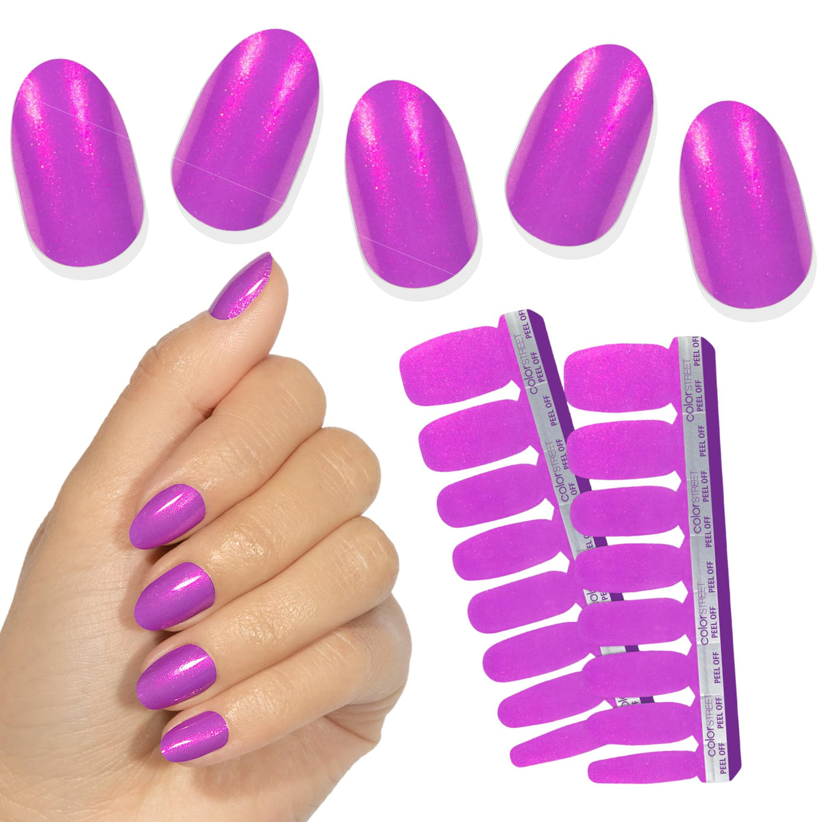 Color Street Mermaid Magic nails in neon magenta-peach with purple finish for a bold manicure.