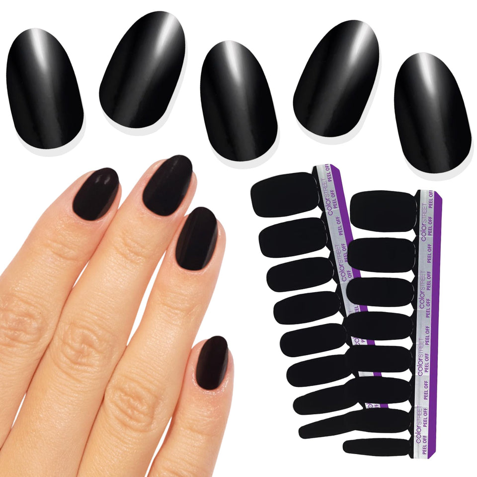 Color Street Midnight in Manhattan packaging shows double-ended strips for fast, mess-free manicures.