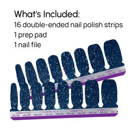 Oceans Apart navy glitter strips create luminous shimmer for day-to-night looks.