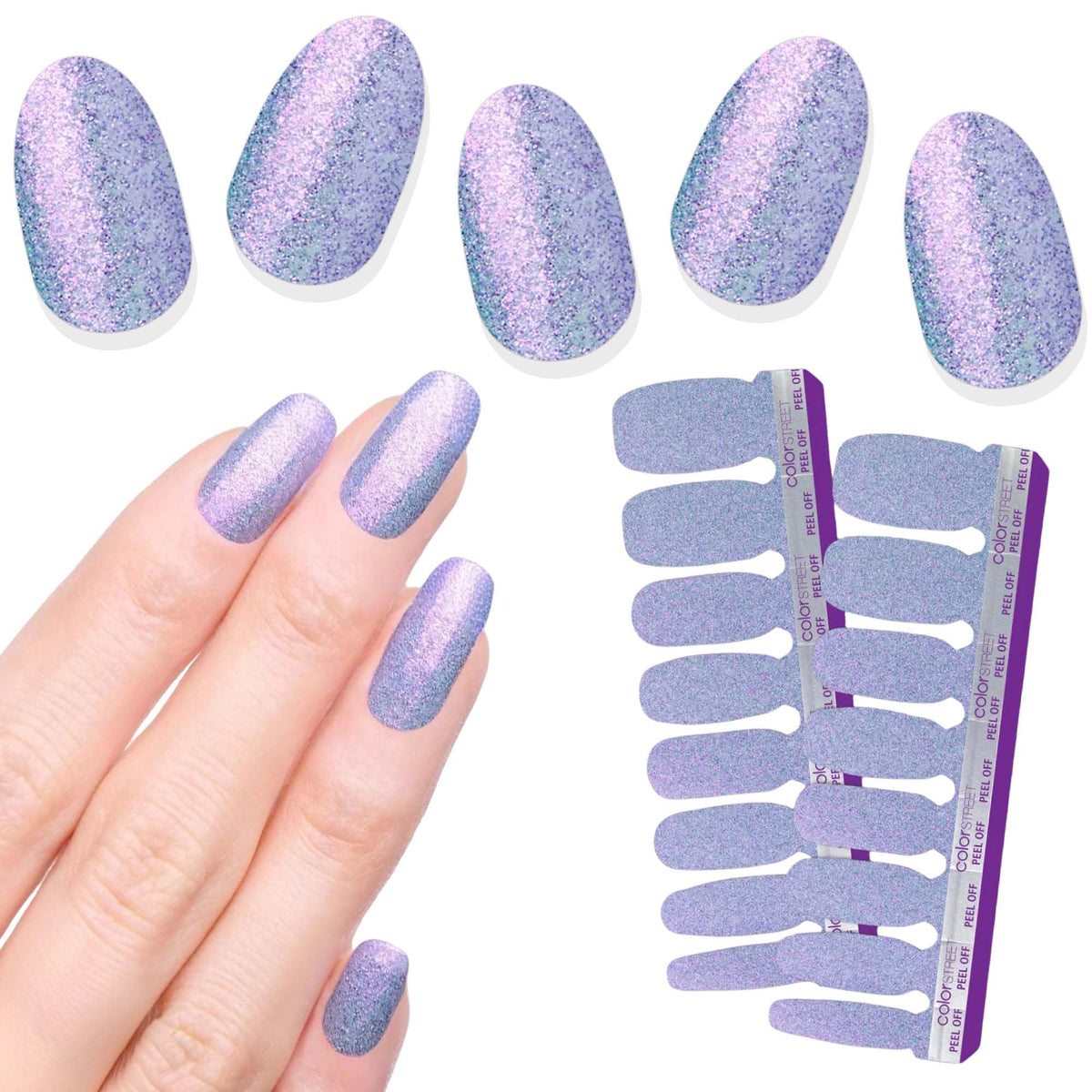 Color Street Purple Passion nail strips show multi-chrome glitter finish