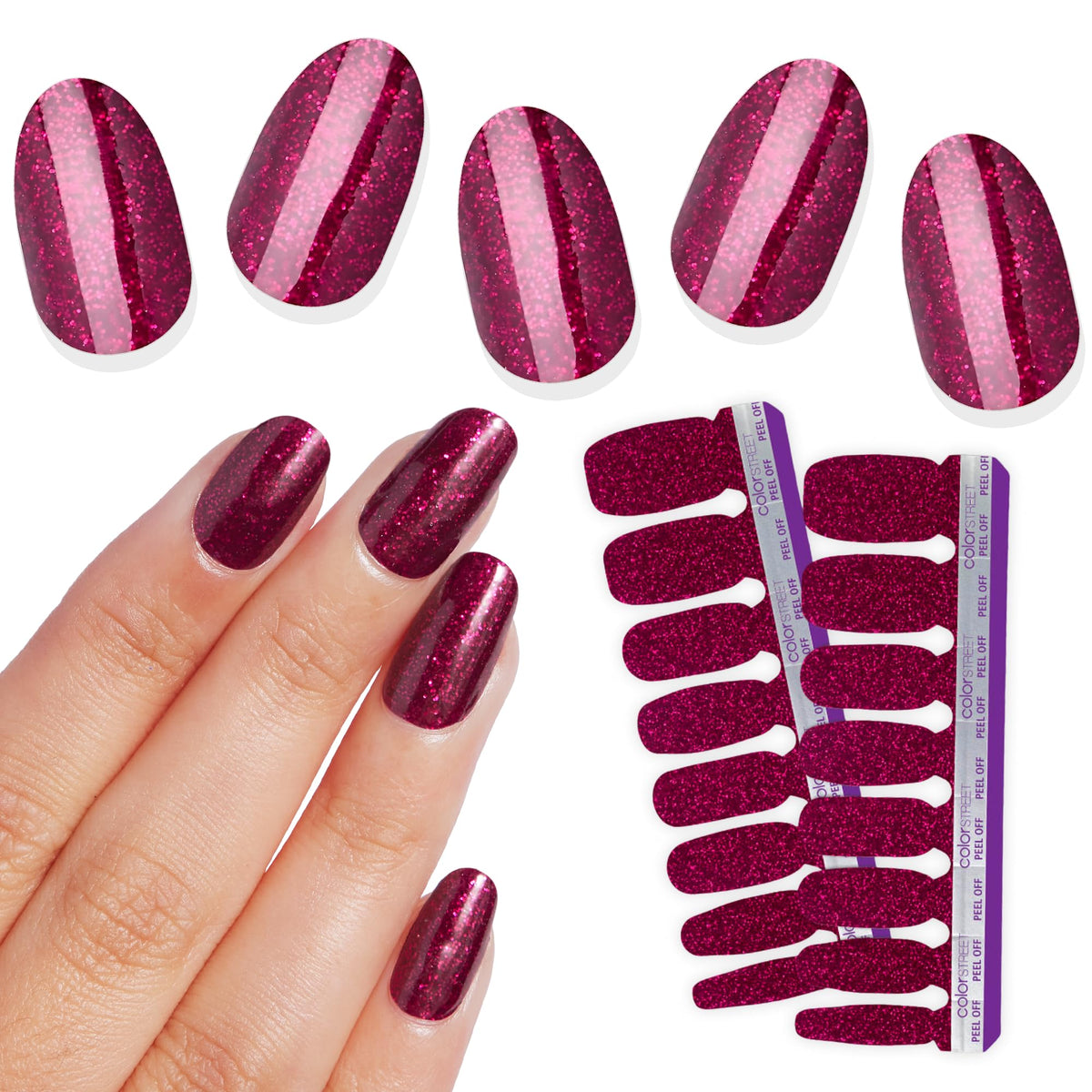 Color Street Rio Red nail strips with burgundy glitter finish for a bold manicure.
