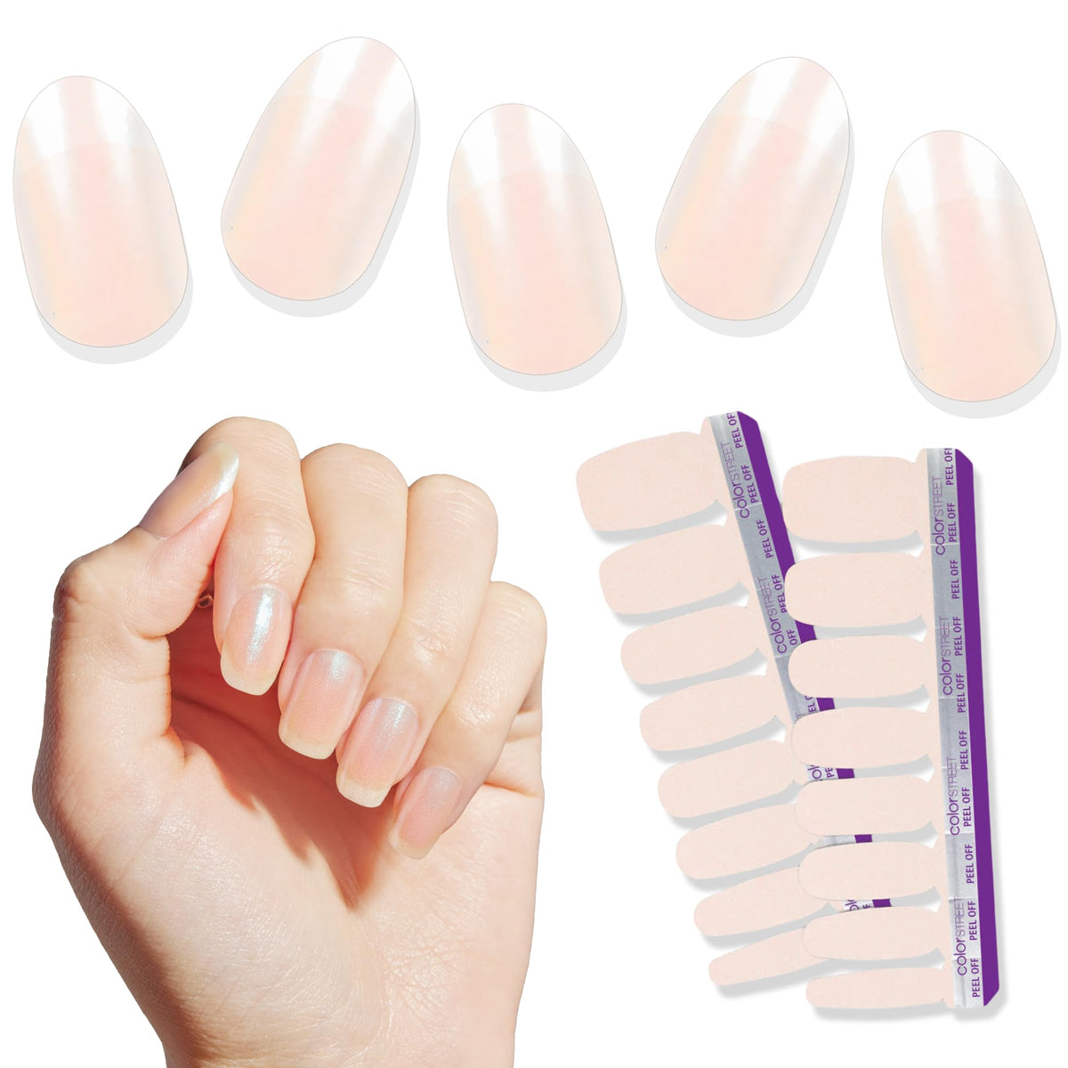 Color Street Shape Shifter nails in champagne blush with ice-blue glow.
