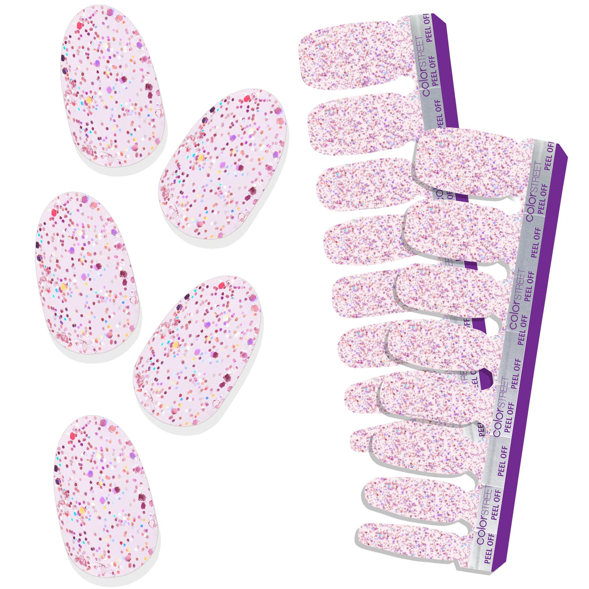 Color Street Shimmer Down Rosy Pink Glitter strip on nail for a bold manicure.