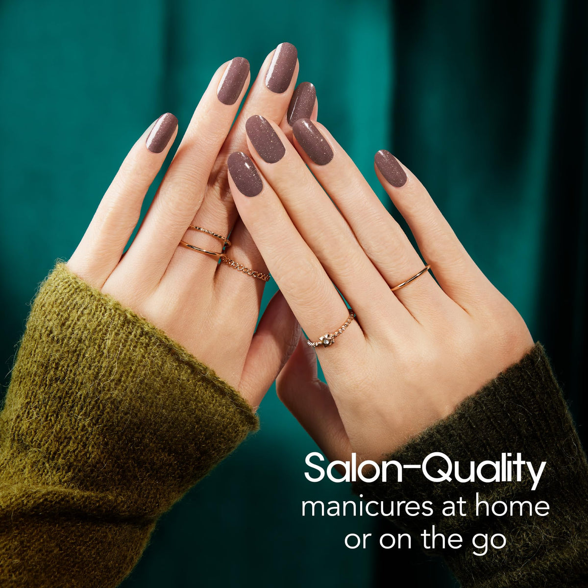 Color Street Silk Scarf soft rosy brown nails with fine gold glitter.