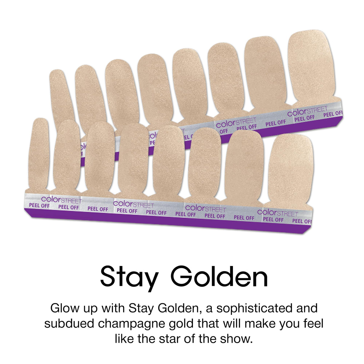 Color Street Stay Golden 16 double-ended strips enable chic manicure options.