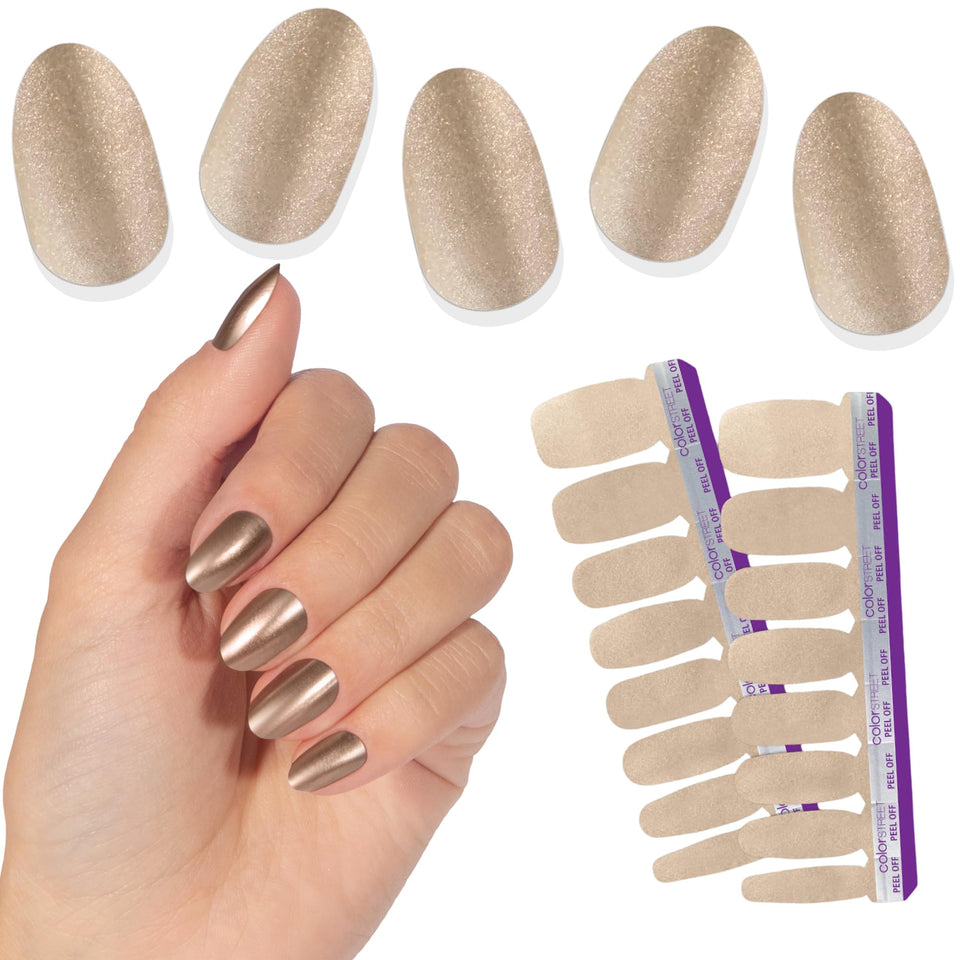 Color Street Stay Golden champagne glow nails for elegant evenings.