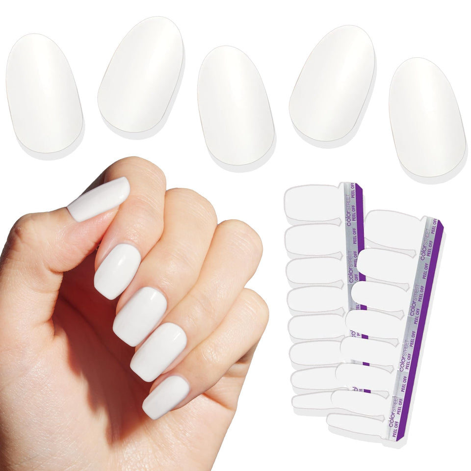 Color Street Swiss and Tell nails application showing effortless peel-and-stick polish strips.