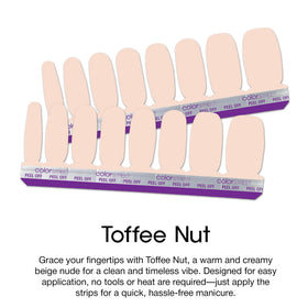 Toffee Nut strips on nails show easy, mess-free application.
