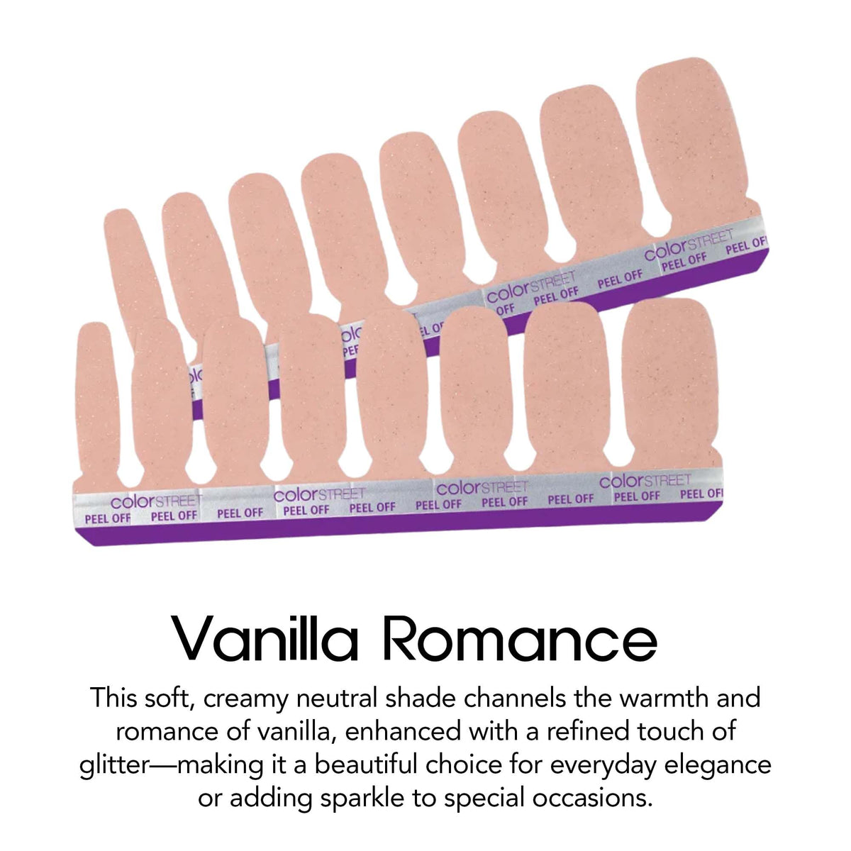 Color Street Vanilla Romance strips aligned show full-coverage, easy-to-apply design