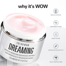 COLOR WOW Dreaming Advanced Repair applied hair close-up shows resurfacing effect.