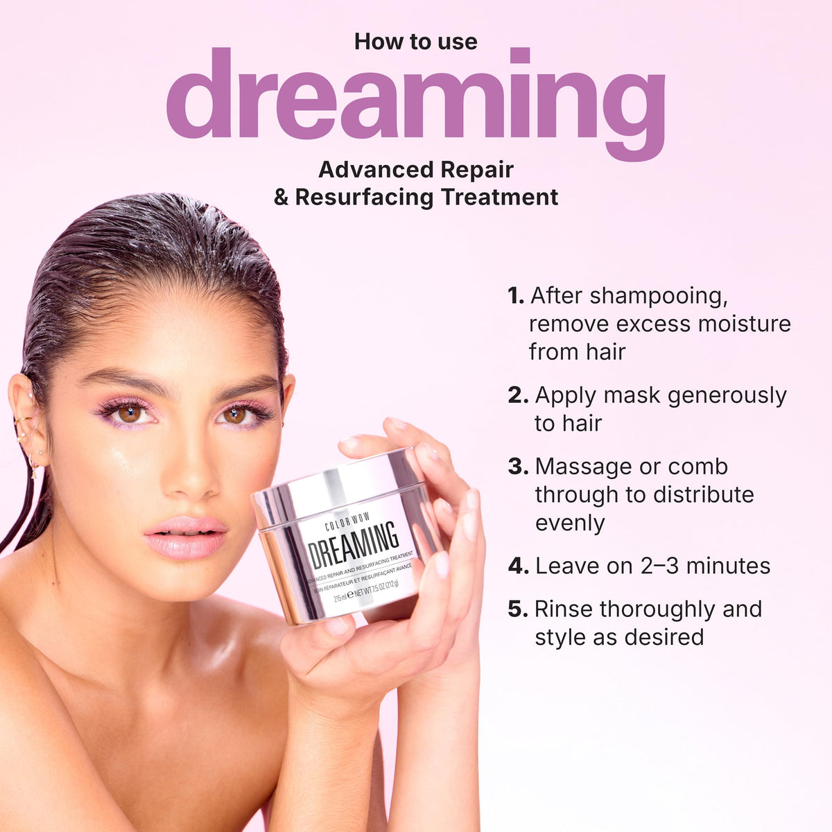 COLOR WOW Dreaming Advanced Repair silky-texture close-up reveals glassy, sleek hair.