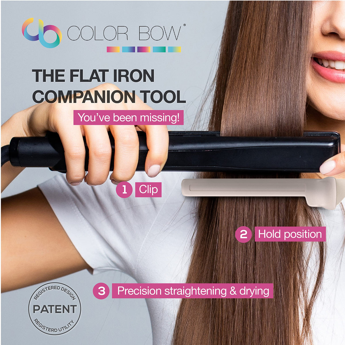 ColorBow flat iron comb attachment in action aiding even heat distribution during styling