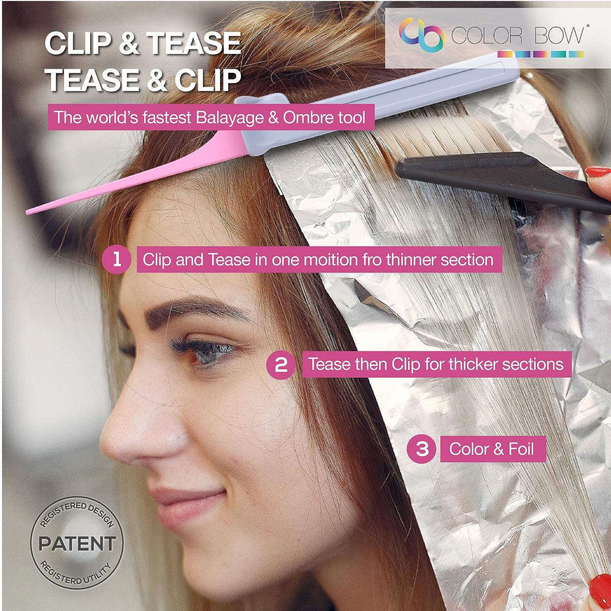 ColorBow clip comb in use showing backcombing teeth for controlled color separation