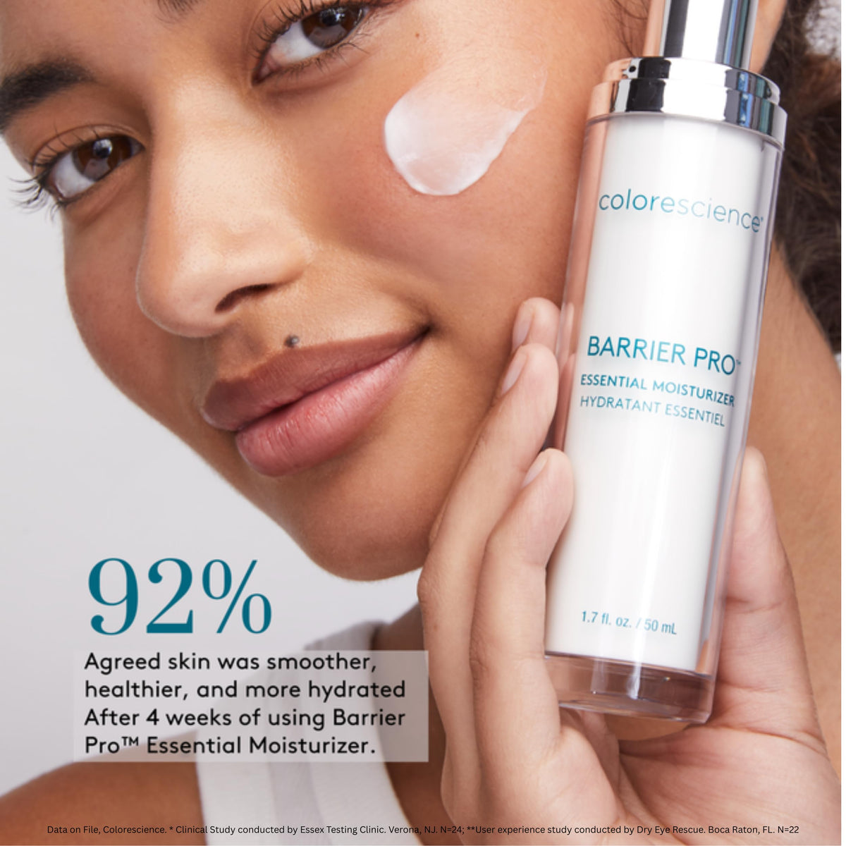 Packaging box of Colorescience Barrier Pro Essential Moisturizer highlighting clinical collaboration.