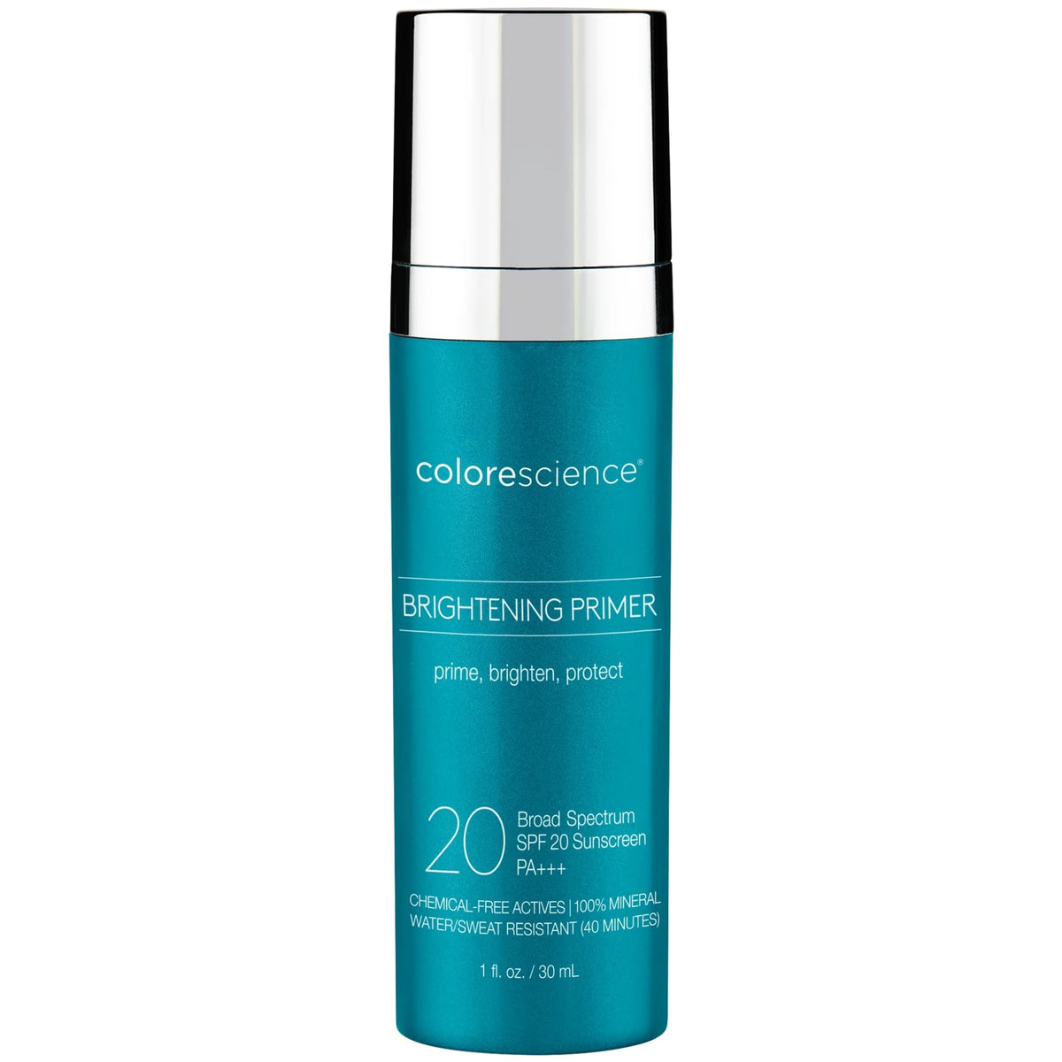 Colorescience Brightening Primer SPF 20 bottle with a radiant, even-toned skin effect and water-resistant protection.