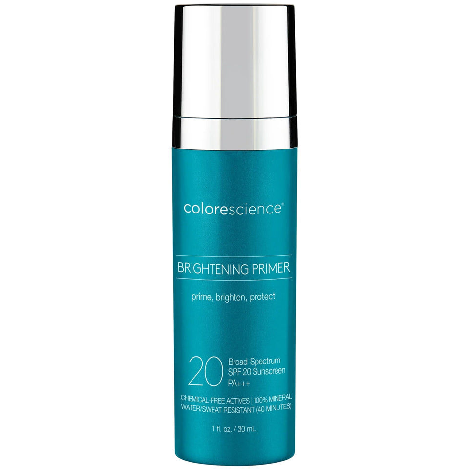 Colorescience Brightening Primer SPF 20 bottle with a radiant, even-toned skin effect and water-resistant protection.