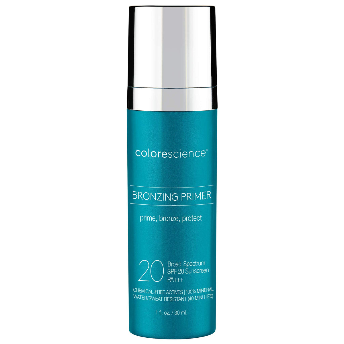 Colorescience Bronzing Primer SPF 20 bottle front with mineral protection.