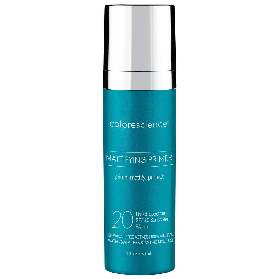 Colorescience Mattifying Perfector Primer packaging shows mineral sunscreen protection and oil control.