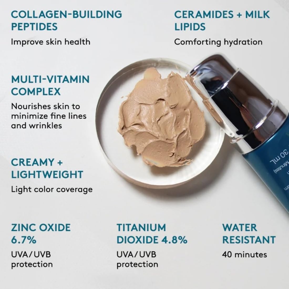 Swatch shows mineral SPF 30 protection and a luminous finish.