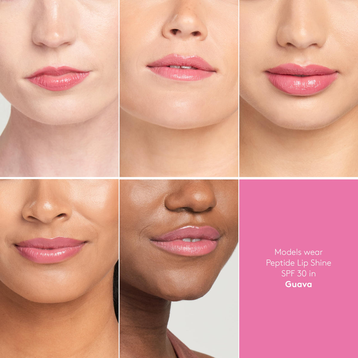 Colorescience Lip Shine Guava worn on lips for hydrated, plump-looking finish.