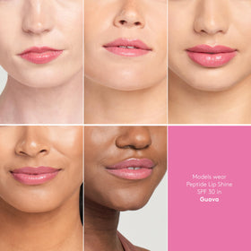 Colorescience Lip Shine Guava worn on lips for hydrated, plump-looking finish.