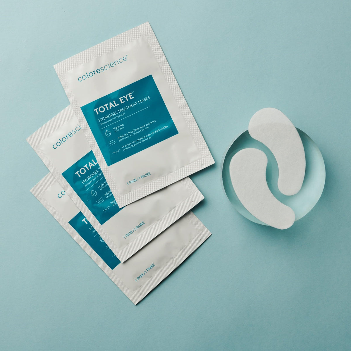 Colorescience Total Eye Hydrogel Masks close-up shows soothing hydration around the eyes.