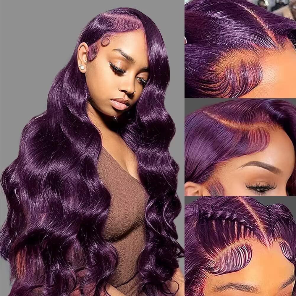 Colorful Bird dark purple body wave wig front view for daily stylish looks
