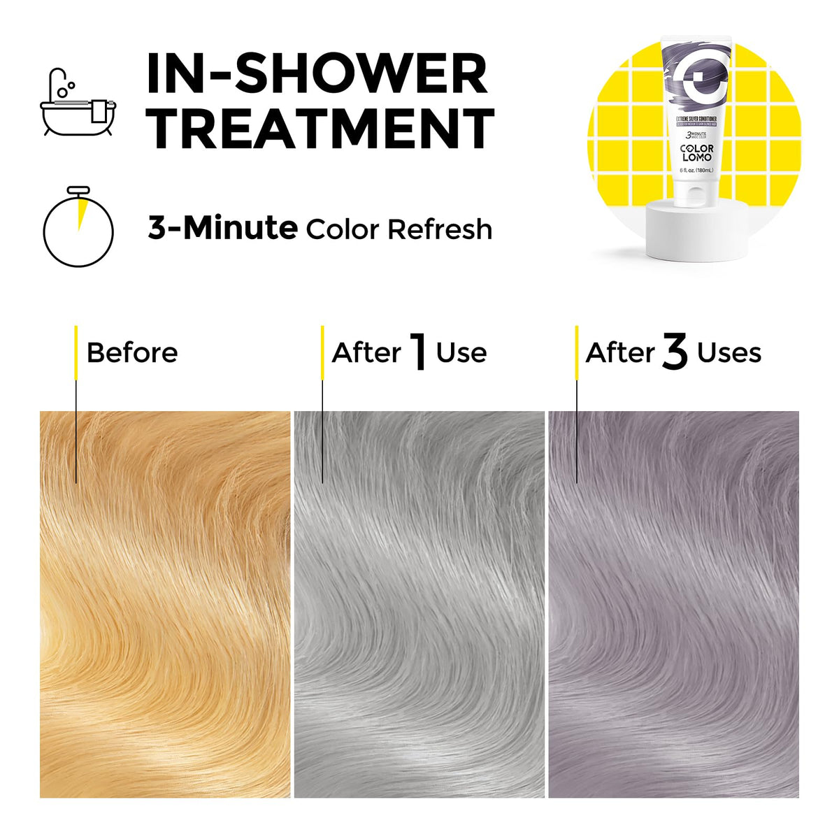 COLORLOMO before-after shows brassiness neutralization and cooler silver results.
